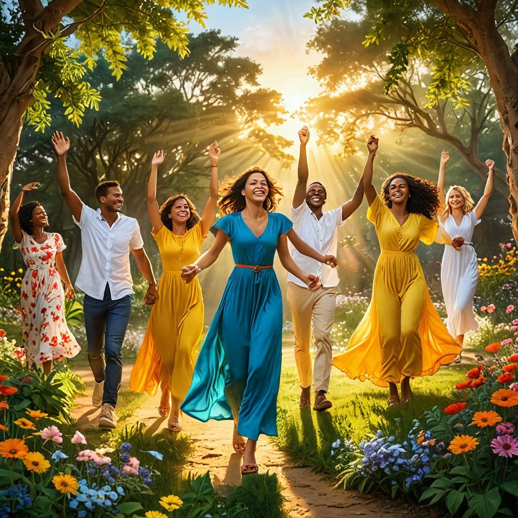 A radiant sunrise illuminating a diverse group of joyful people engaging in various activities that promote happiness and positivity, surrounded by lush greenery and vibrant flowers. Each individual exhibits distinct expressions of exuberance, portraying laughter and connection. The scene is infused with uplifting energy, symbolizing growth and fulfillment. super-realistic. vibrant colors. bright background.