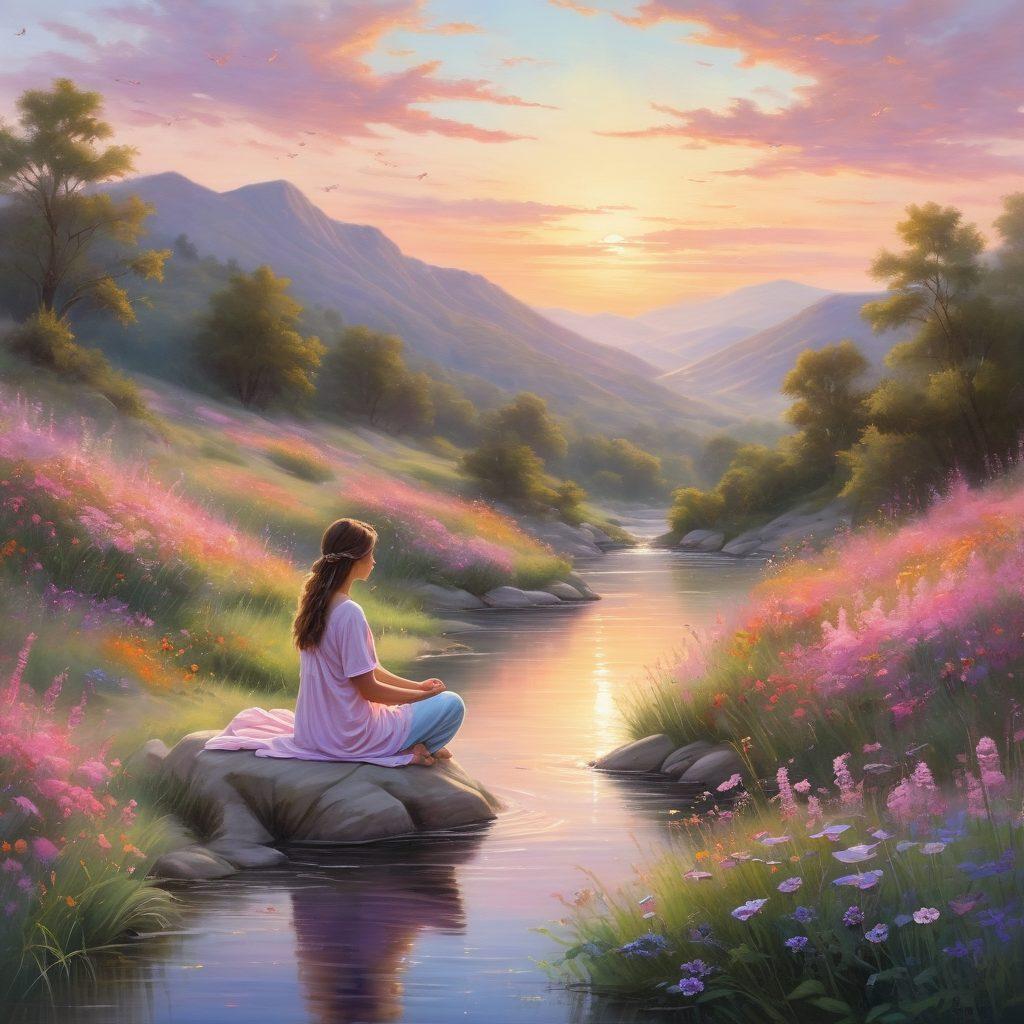 A serene landscape featuring a meditative figure sitting cross-legged on a sunlit hill, surrounded by vibrant wildflowers. The sky is filled with soft pastel colors at sunset, symbolizing bliss and joy. Ethereal light beams radiate around the figure, creating a sense of peace and happiness. Incorporate elements like fluttering butterflies and gentle flowing water in the background. super-realistic. vibrant colors. dreamy atmosphere.