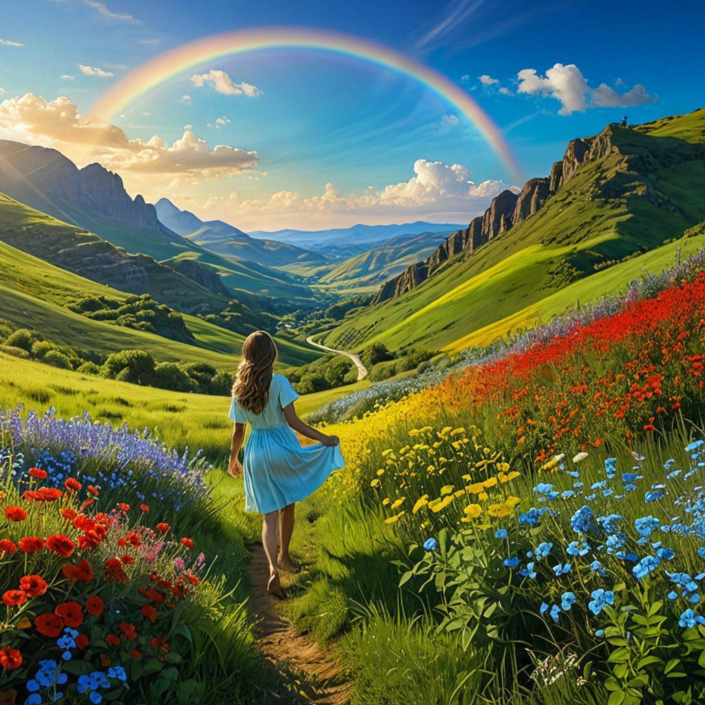A serene landscape representing happiness, featuring a joyful person basking in sunlight amidst blooming flowers and vibrant green hills. In the background, a radiant rainbow arcs across a clear blue sky, symbolizing hope and positivity. The scene should evoke a sense of tranquility and joy, with warm, inviting colors that inspire well-being. super-realistic. vibrant colors. peaceful ambiance.